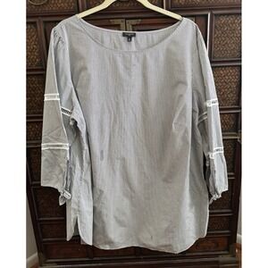 Talbots Top Women's 2X Gray Micro Striped Embroidered Lace Trim 100% Cotton Plus
